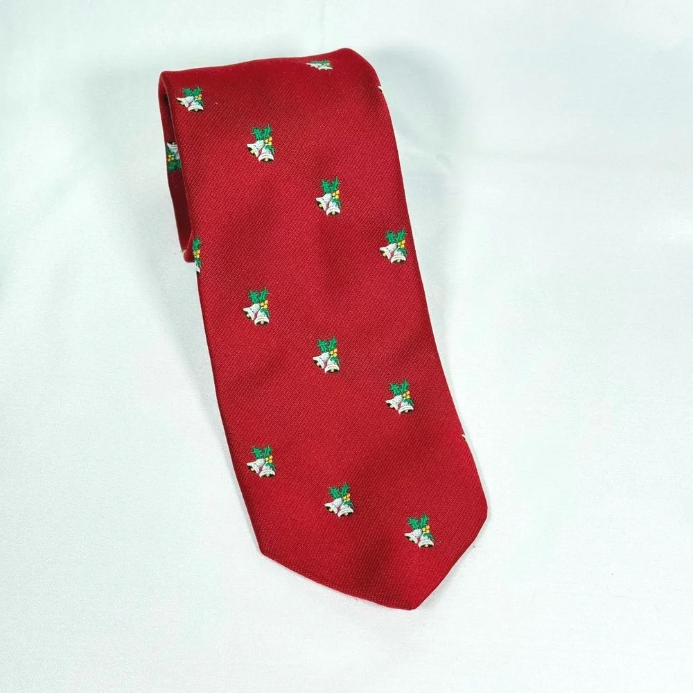 Christmas Necktie Mens Red Bells Holly Holiday Festive Silk-Look
